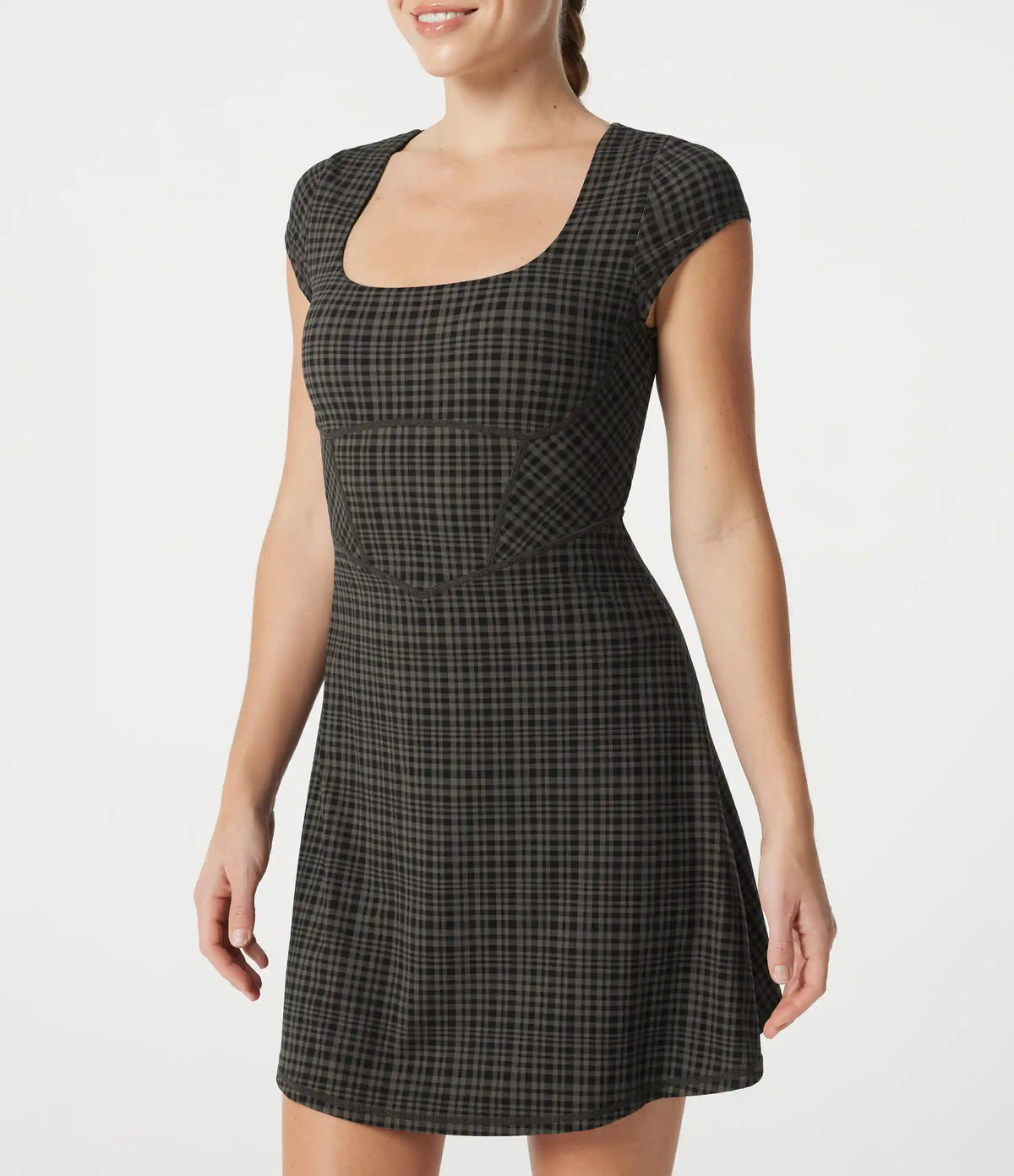 Halara UltraSculpt™ Check Plaid Print Square Neck Corset 2-in-1 Built-in Bra Mini Casual Dress with Pockets-Easy Peezy