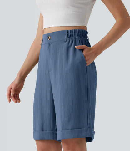 High Waisted Rolled Hem Linen-Feel Resort Bermuda Shorts 10'' with Pockets