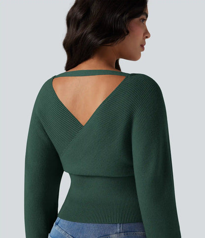 V-neck Batwing Long Sleeve Cut-out Casual Sweater