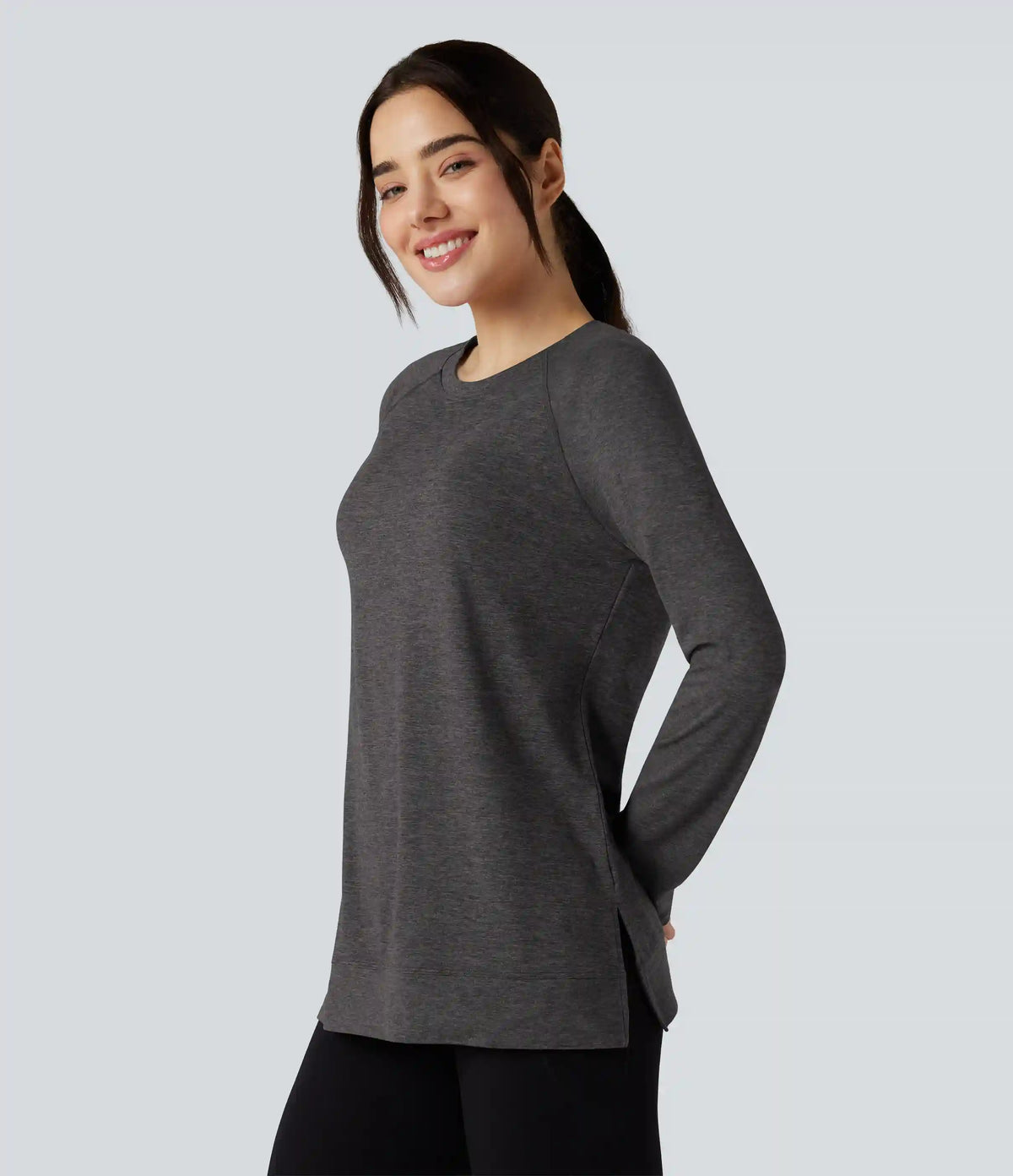 Skin Friendly Round Neck Raglan Long Sleeve Split Hem Casual T-Shirt