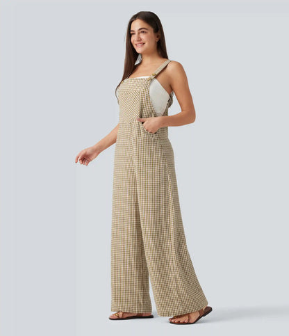 Plaid Casual Linen-Feel Overalls with Pockets