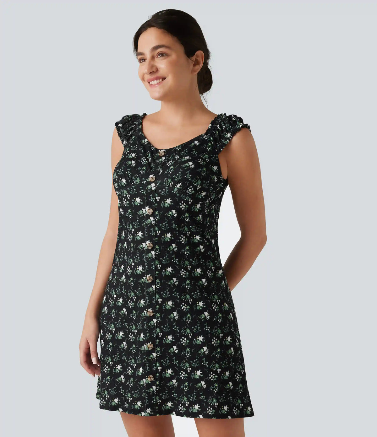 U-Neck Sleeveless Frill Ditsy Floral Built-in Bra Mini A-Line Resort Dress