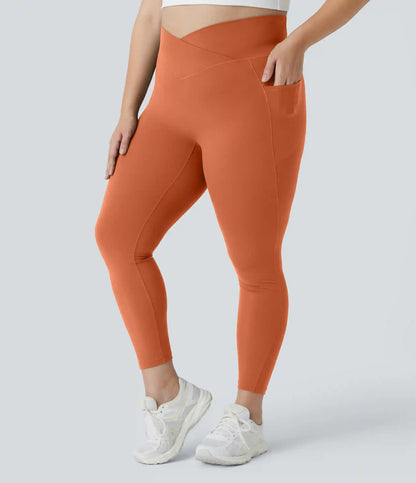 SoftlyZero™ High Waisted Crossover Pocket Plain Plus Size Full Length Leggings