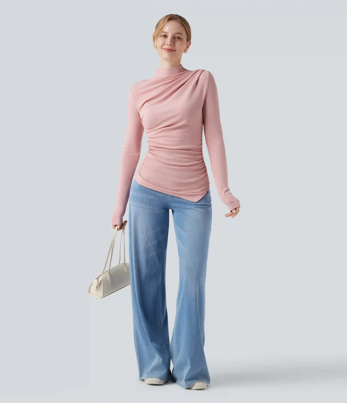 Mock-neck Long Sleeve Ruched Asymmetric Hem Thermal Casual Top