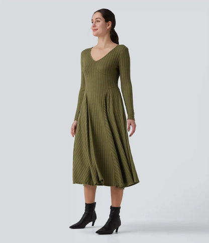 Ribbed Knit V Neck Long Sleeve Flare Midi Casual Dress