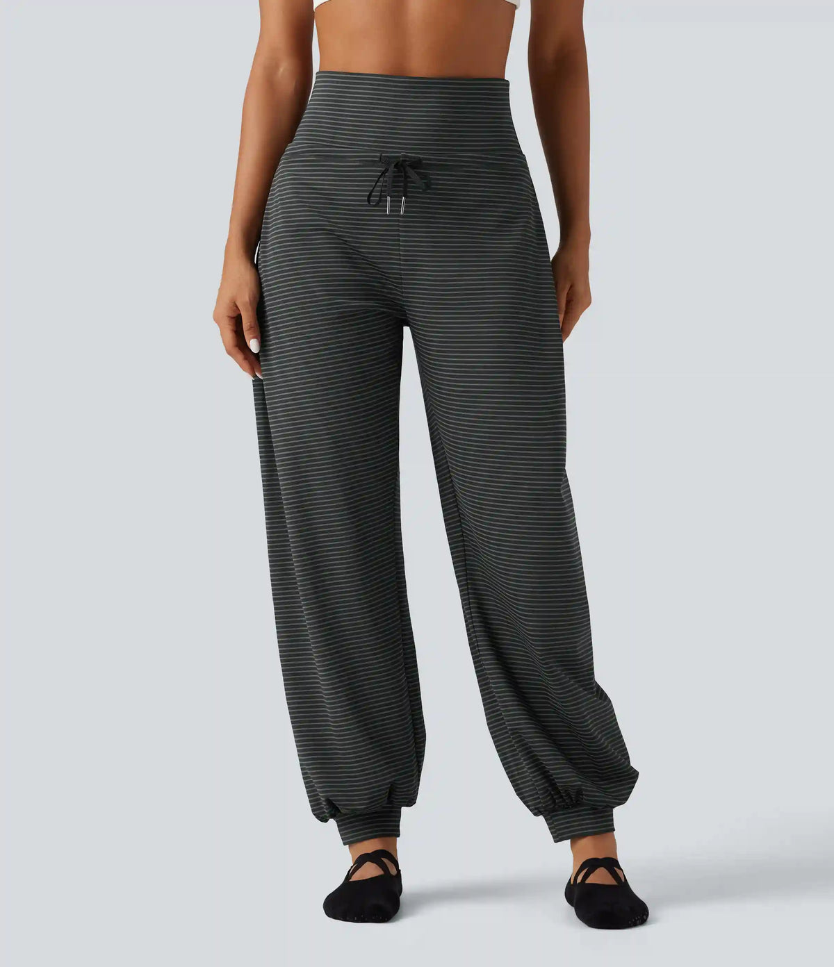 Mid Rise Foldover Drawstring Stripe Yoga Jogger with Pockets