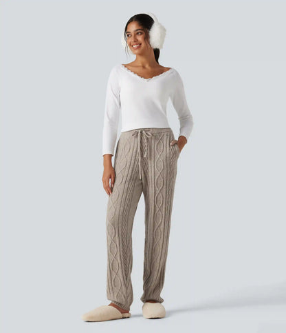 High Waisted Drawstring Cable Knit Lounging Sweater Pants with Pockets