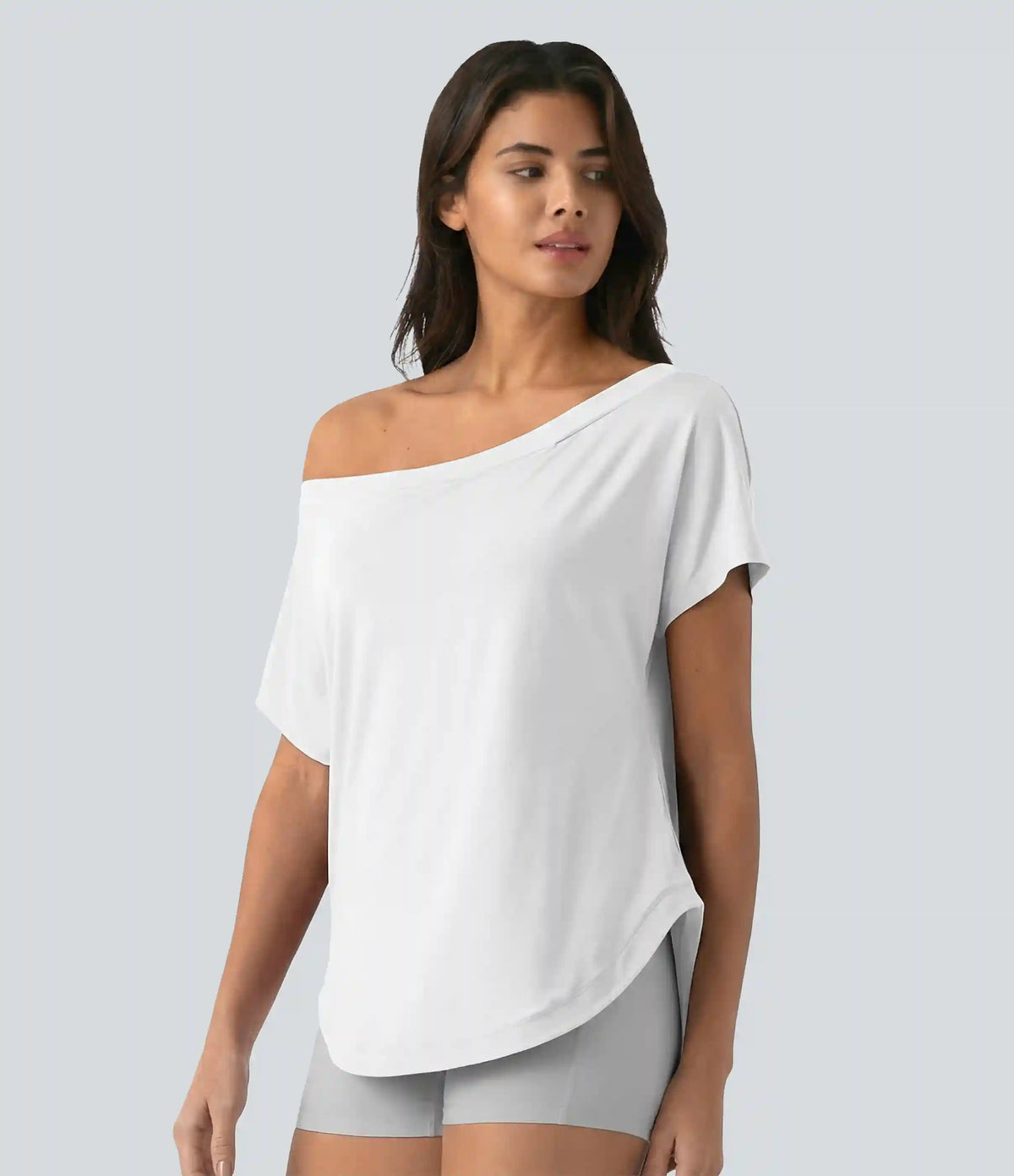 One Shoulder Short Sleeve Curved Hem High Low Quick Dry Yoga Sports Top-Built-in Bra
