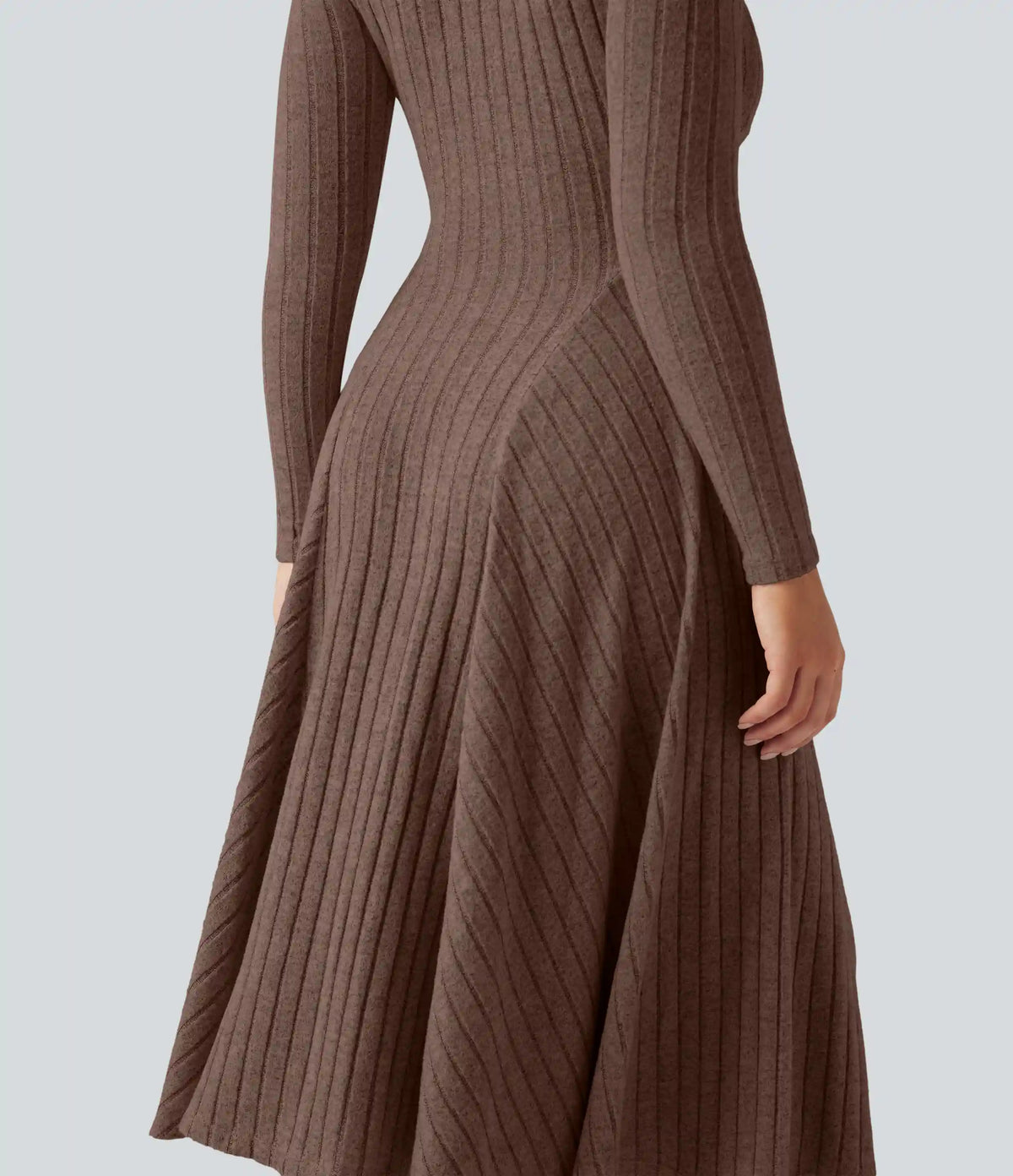 Ribbed Knit V Neck Long Sleeve Flare Midi Casual Dress