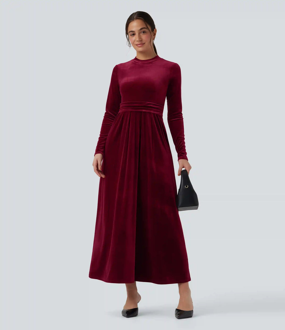 Mock-neck Long Sleeve Maxi Casual Velvet Dress with Pockets