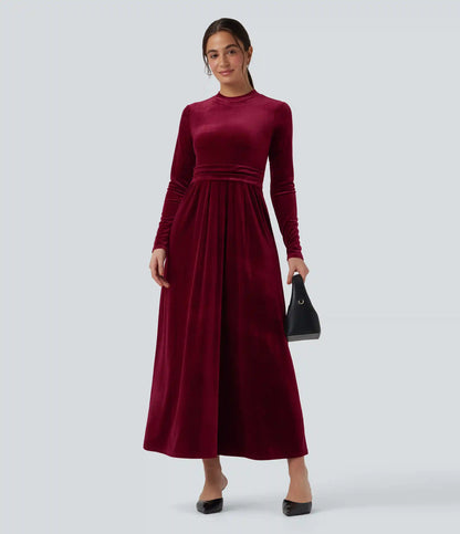Mock-neck Long Sleeve Maxi Casual Velvet Dress with Pockets