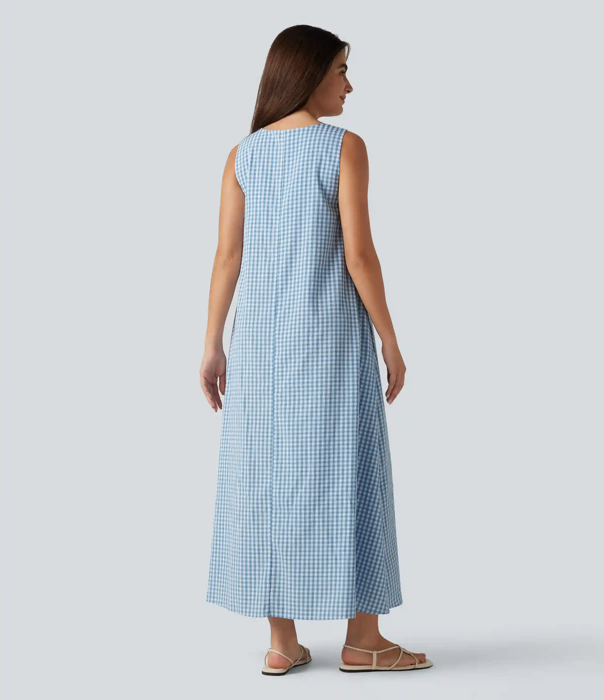 Round Neck Sleeveless Built-in Bra Midi Crinkle Gingham Casual Tank Dress with Pockets