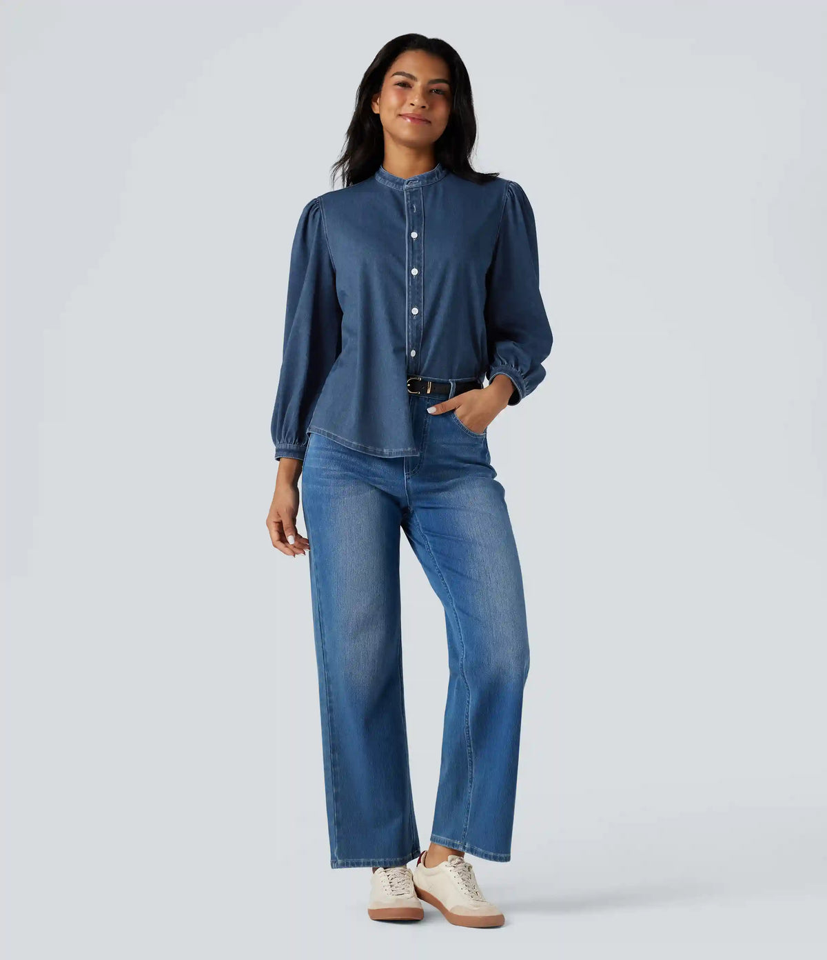 Halara Flex™ Stand Collar Puff 3/4 Sleeve Denim Casual Shirt