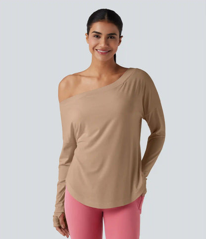 One Shoulder Long Sleeve Thumb Hole Curved Hem High Low Quick Dry Yoga Sports Top-Built-in Bra