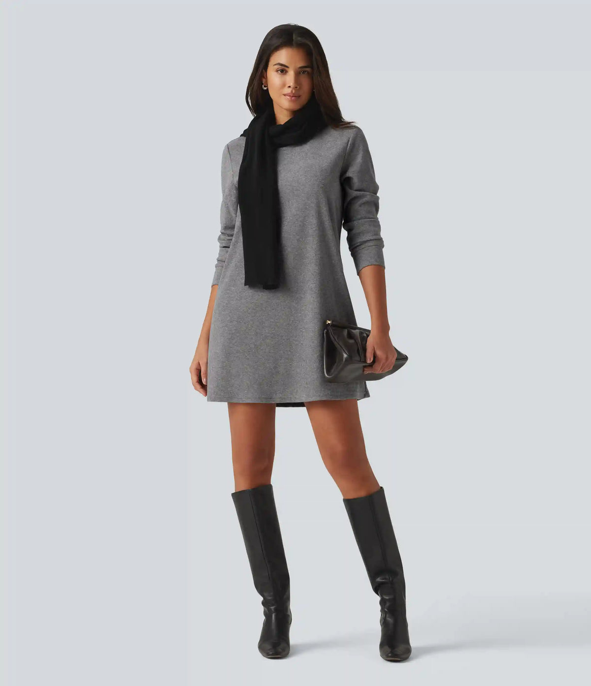 Round Neck Long Sleeve Mini Work Dress with Pockets