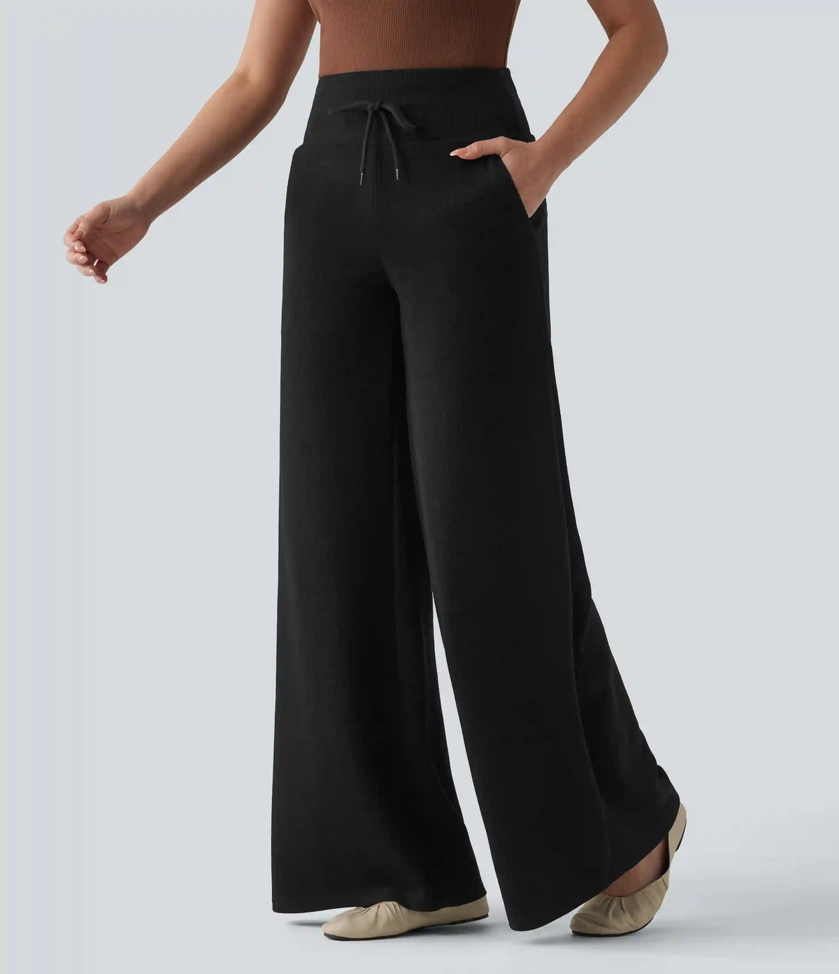 Ribbed Knit High Waisted Drawstring Tummy Control Casual Bootcut Pants with Pockets