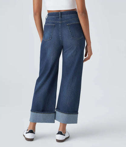Halara Flex™ High Waisted Pockets Rolled Hem Wide Leg Washed Casual Jeans