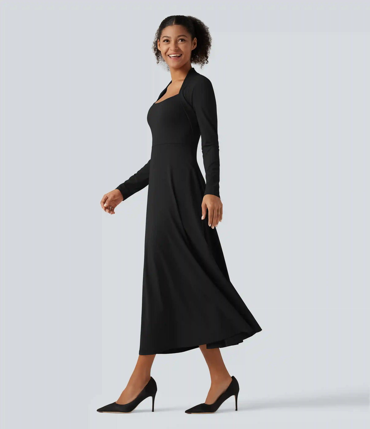 Queen Anne Neck Long Sleeve A-Line Party Midi Dress with Pockets
