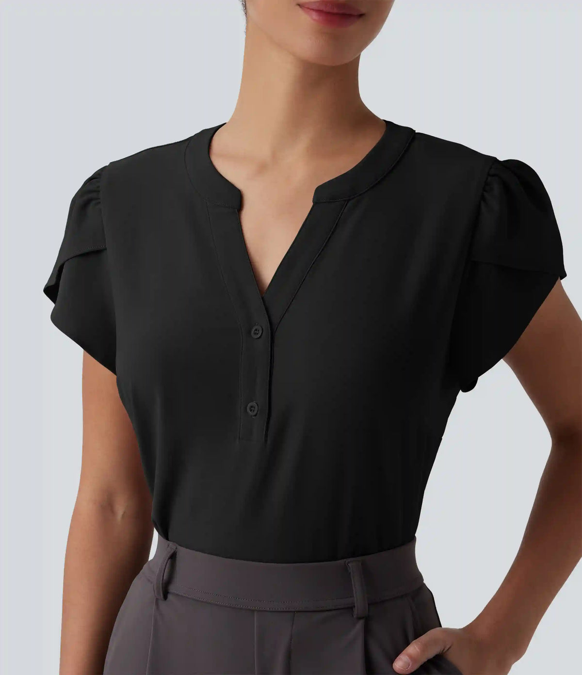 V-neck Petal Short Sleeve Work Blouse