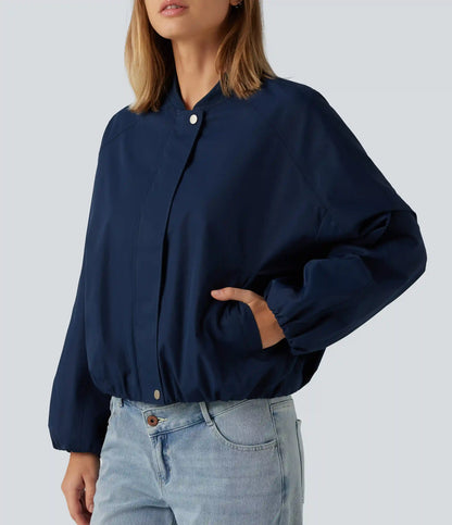 Round Neck Long Sleeve Casual Bomber Jacket with Pockets