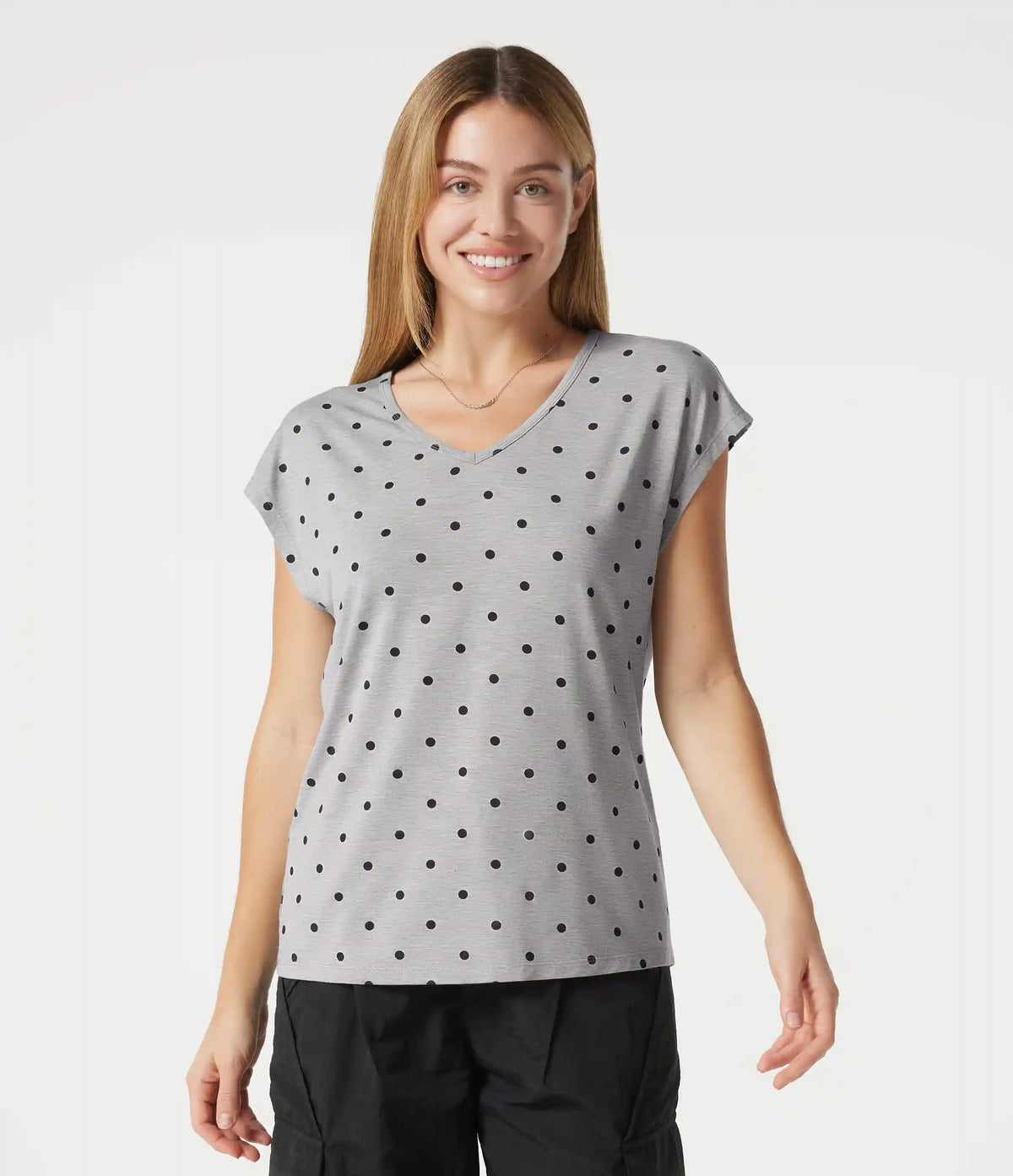 V Neck Short Sleeve Polka Dot Casual T-Shirt