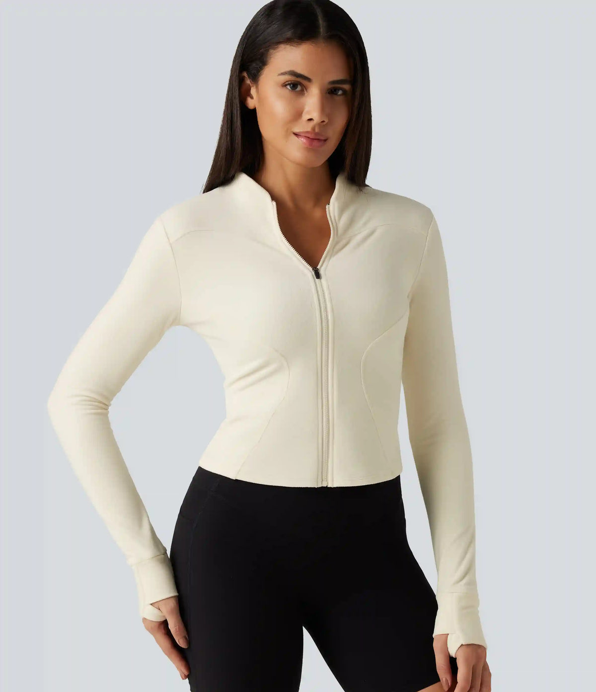 Stand Collar Long Sleeve Thumb Hole Yoga Jacket with Pockets