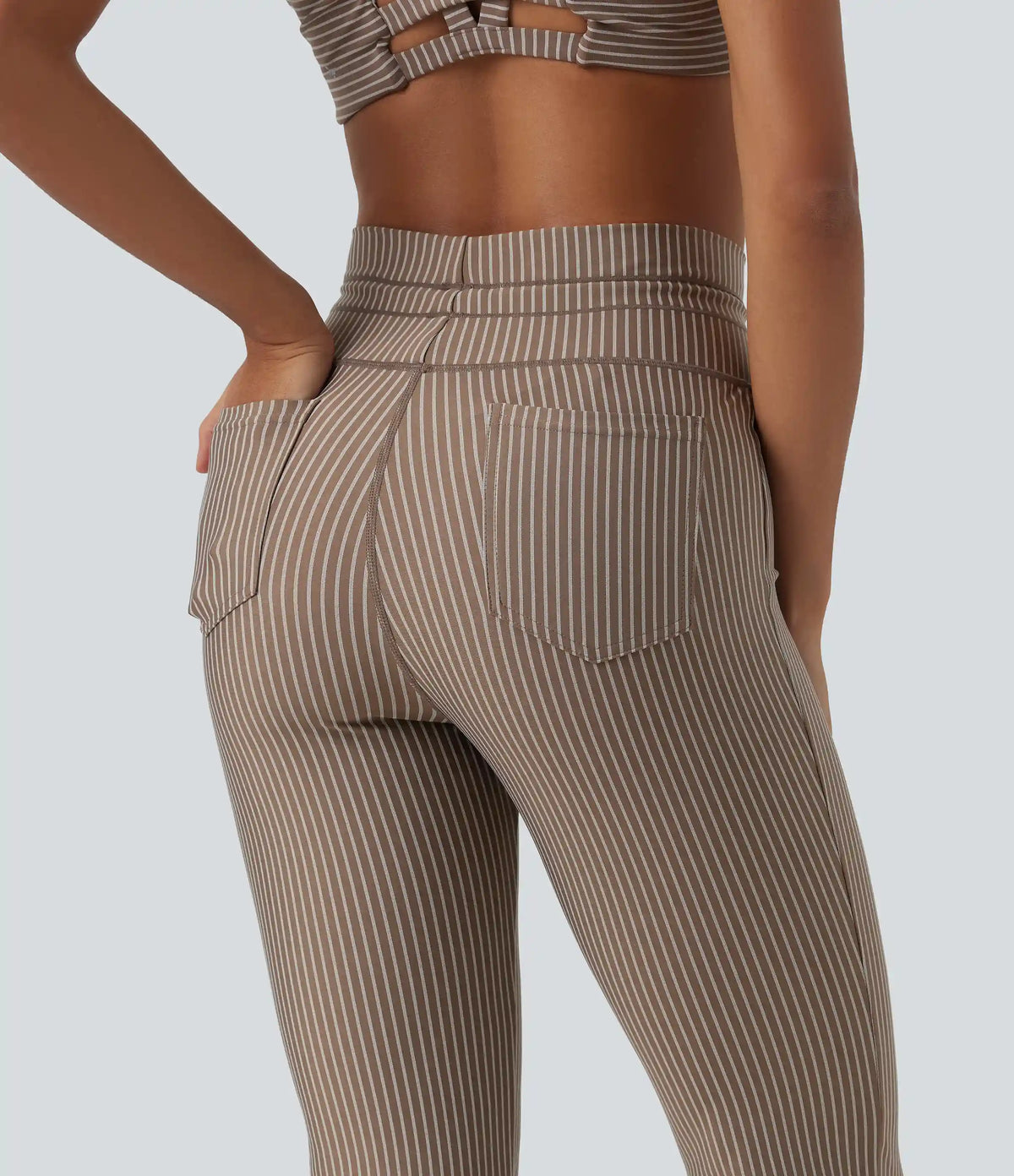 High Waisted Drawstring Stripe Flare Yoga Pants with Pockets