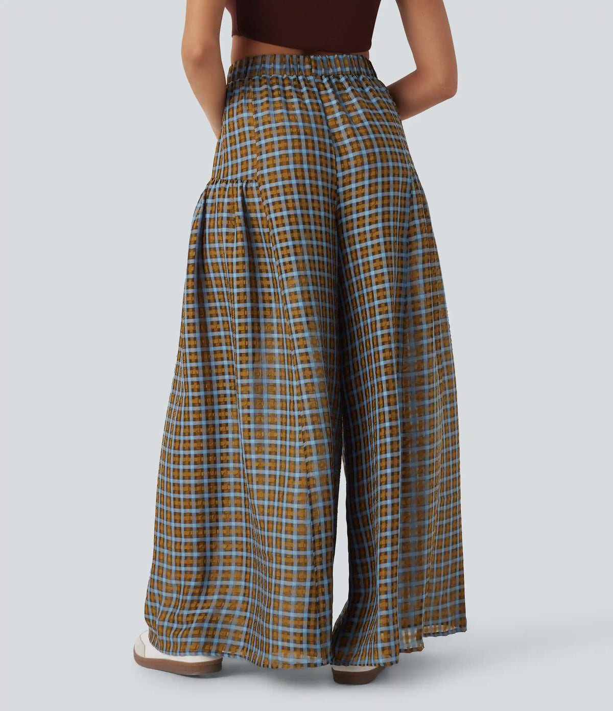 High Waisted Pocket Wide Leg Flowy Plaid Casual Pants