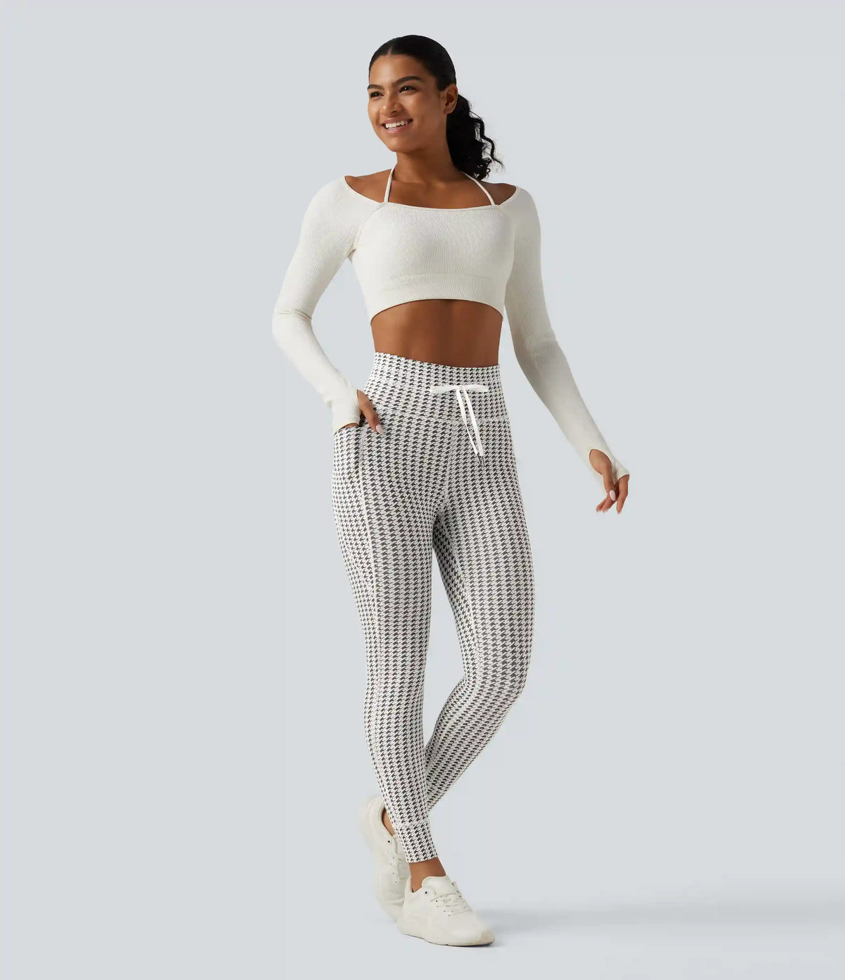 High Waisted Drawstring Houndstooth Yoga Leggings with Pockets