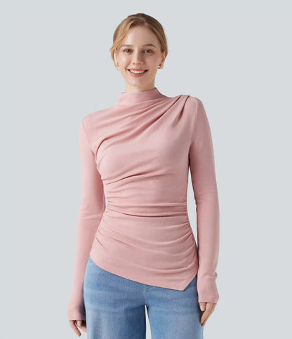 Mock-neck Long Sleeve Ruched Asymmetric Hem Thermal Casual Top