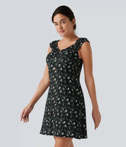 U-Neck Sleeveless Frill Ditsy Floral Built-in Bra Mini A-Line Resort Dress