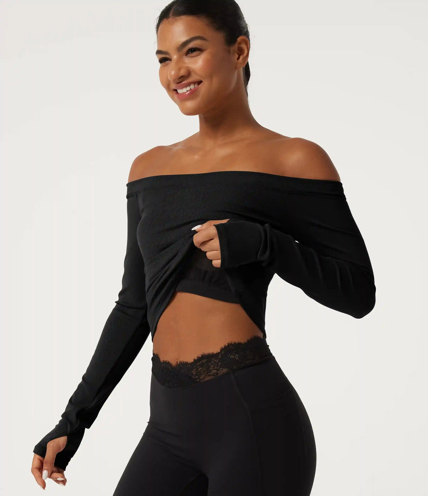 Ribbed Knit Off Shoulder Long Sleeve Thumb Hole Built-in Bra Yoga Sports Top