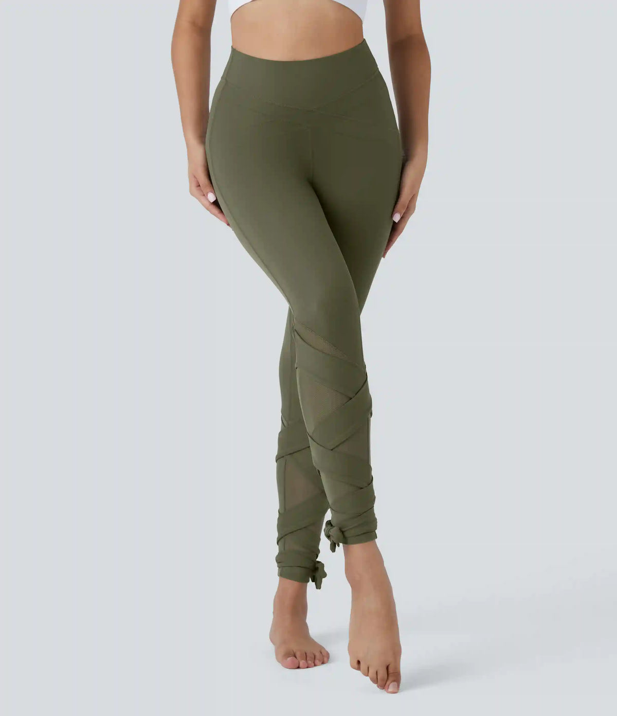 SoftlyZero™ High Waisted Contrast Mesh Lace Up Yoga 7/8 Leggings