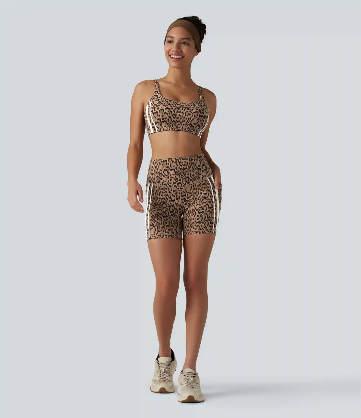 Halara UltraSculpt™ Leopard Print High Waisted Tummy Control Color Block Stripe Training Biker Shorts 5'' with Pockets