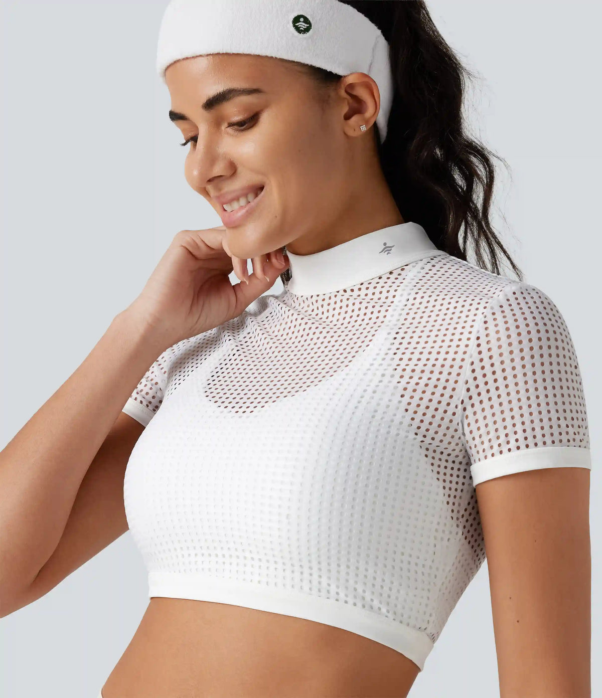 Mock Neck Short Sleeve Eyelet Cropped Running Sports Top-No Sports Bra Included