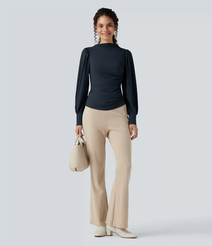 Mock Neck Long Sleeve Ruched Casual Top