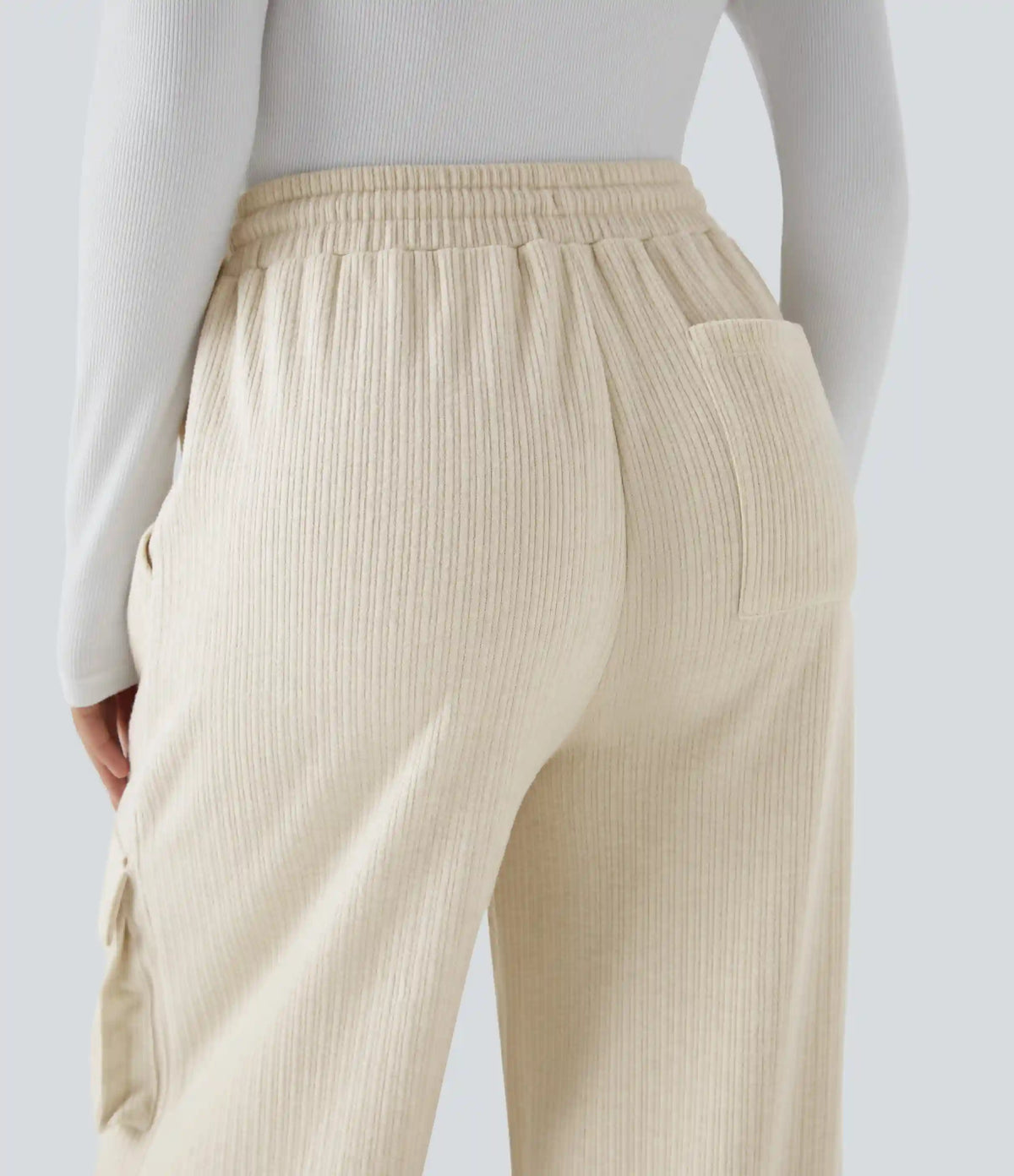 Ribbed Mid Rise Drawstring Pockets Wide Leg Cargo Casual Pants