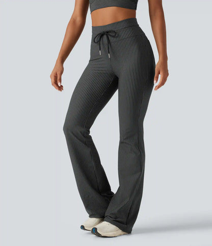 High Waisted Drawstring Stripe Flare Yoga Pants with Pockets