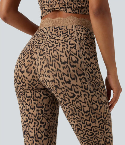 Halara UltraSculpt™ Leopard Print V-Shaped High Waisted Contrast Lace Yoga Flare Leggings with Pockets