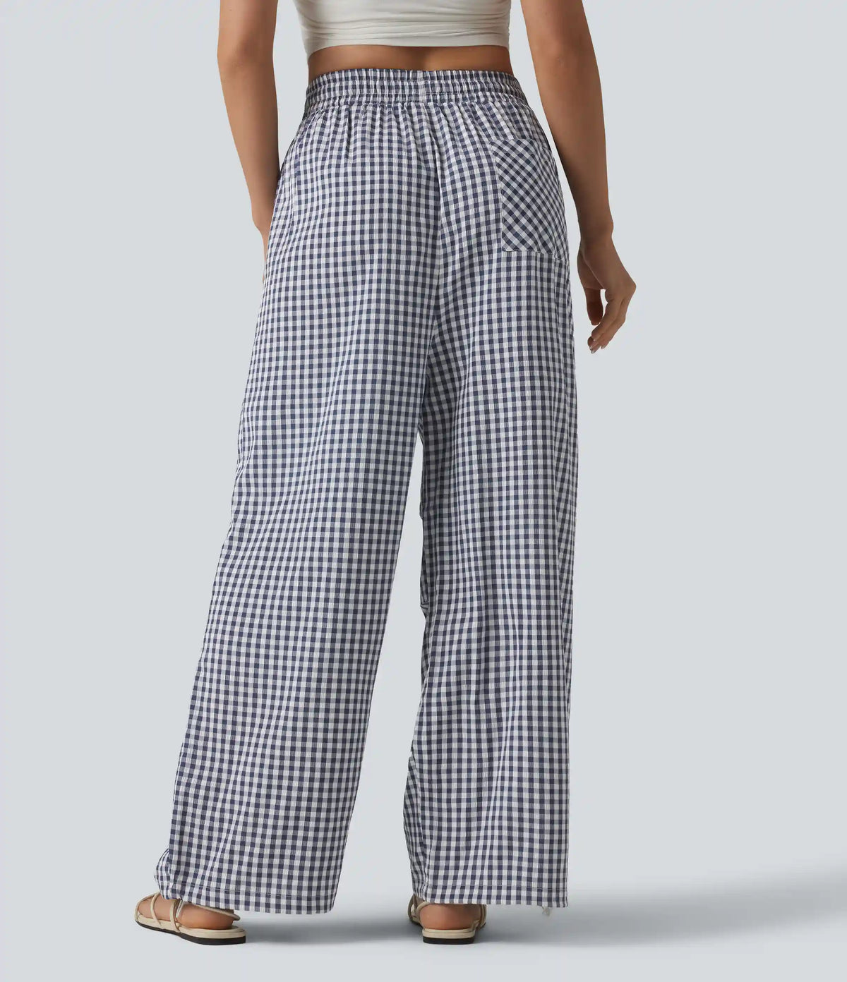 Mid Rise Drawstring Baggy Gingham Casual Pants with Pockets
