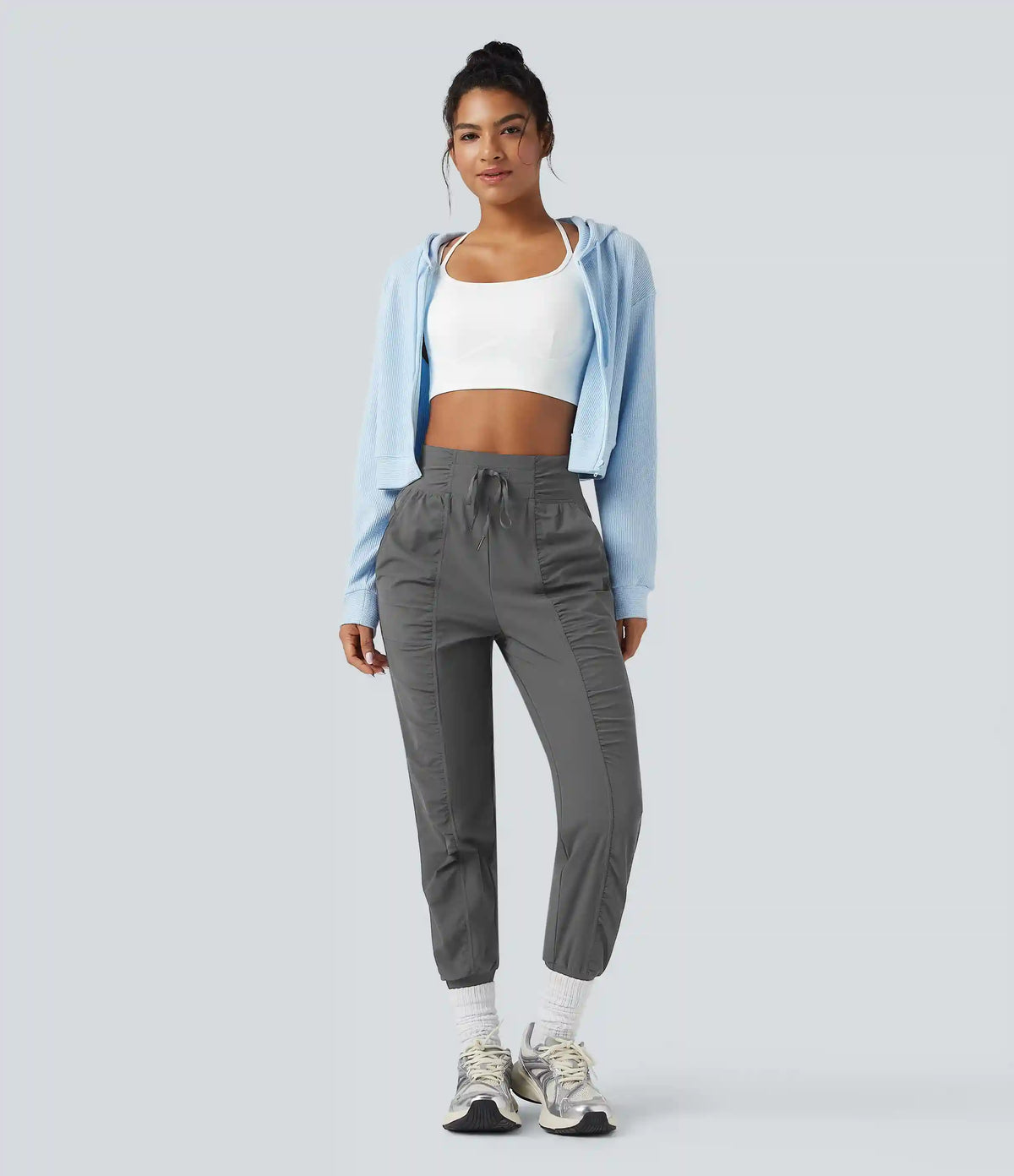 High Waisted Drawstring Ruched Tapered Quick Dry Cool Touch Dance Joggers with Pockets-UPF40+