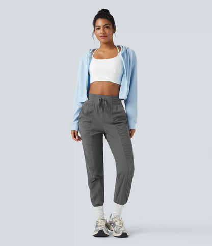 High Waisted Drawstring Ruched Tapered Quick Dry Cool Touch Dance Joggers with Pockets-UPF40+