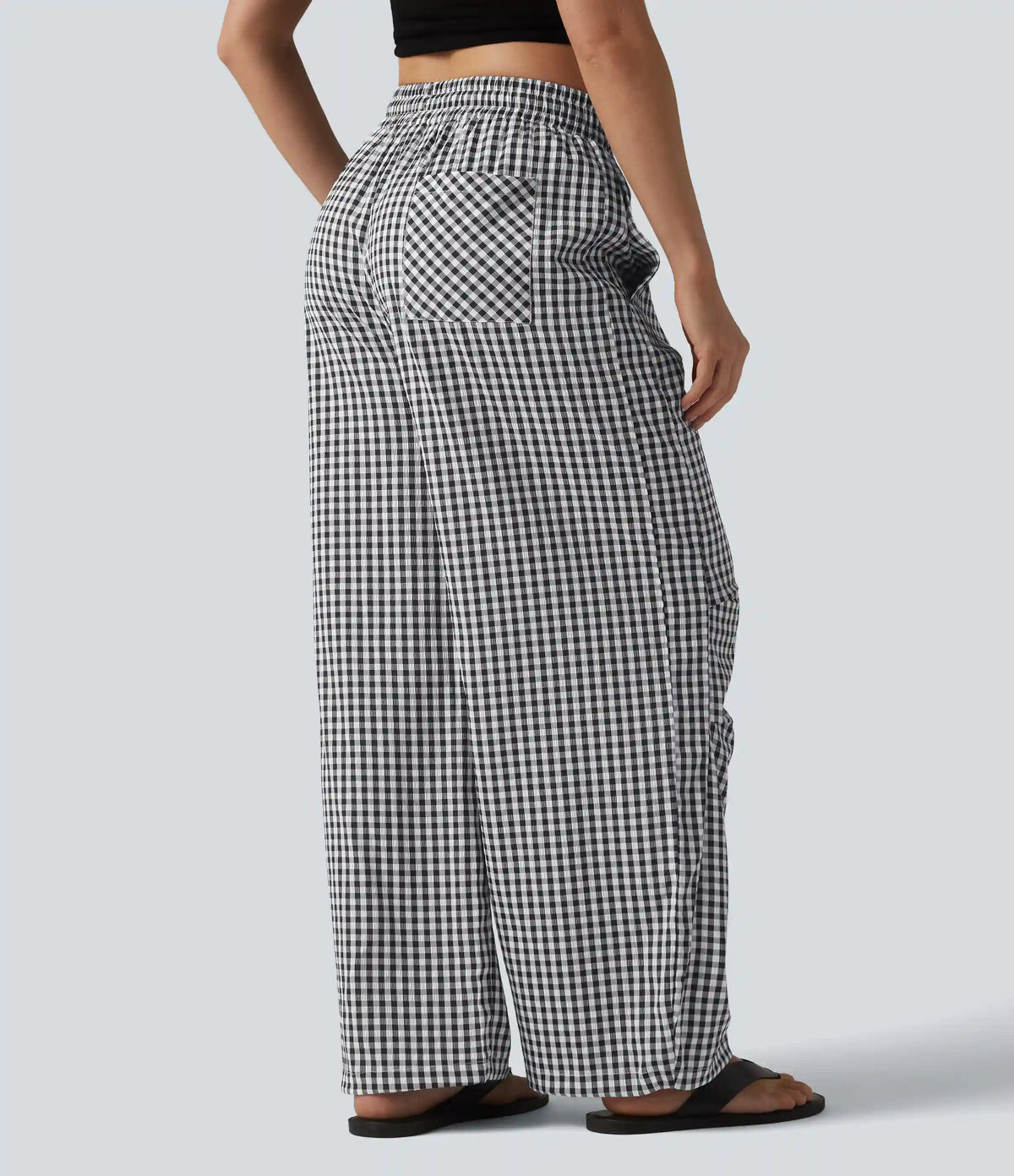 Mid Rise Drawstring Baggy Gingham Casual Pants with Pockets