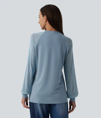 Round Neck Raglan Long Sleeve Contrast Mesh Casual Blouse