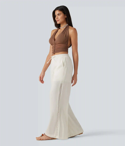 Mid Rise Drawstring Contrast Lace 2-in-1 Casual Linen-Feel Baggy Pants with Pockets