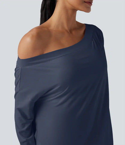 One Shoulder Long Sleeve Thumb Hole Curved Hem High Low Quick Dry Yoga Sports Top-Built-in Bra