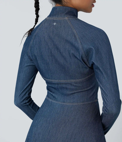 Halara Flex™ Zipper Removable Sleeve Thumb Hole Flare Mini InstantCool Washed Denim Tennis Active Dress