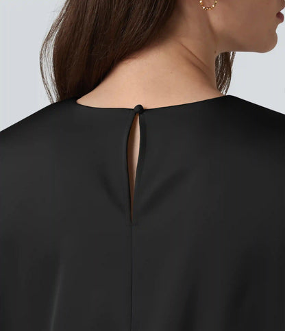 Round Neck Keyhole Back Cap Sleeve Satin Work Top
