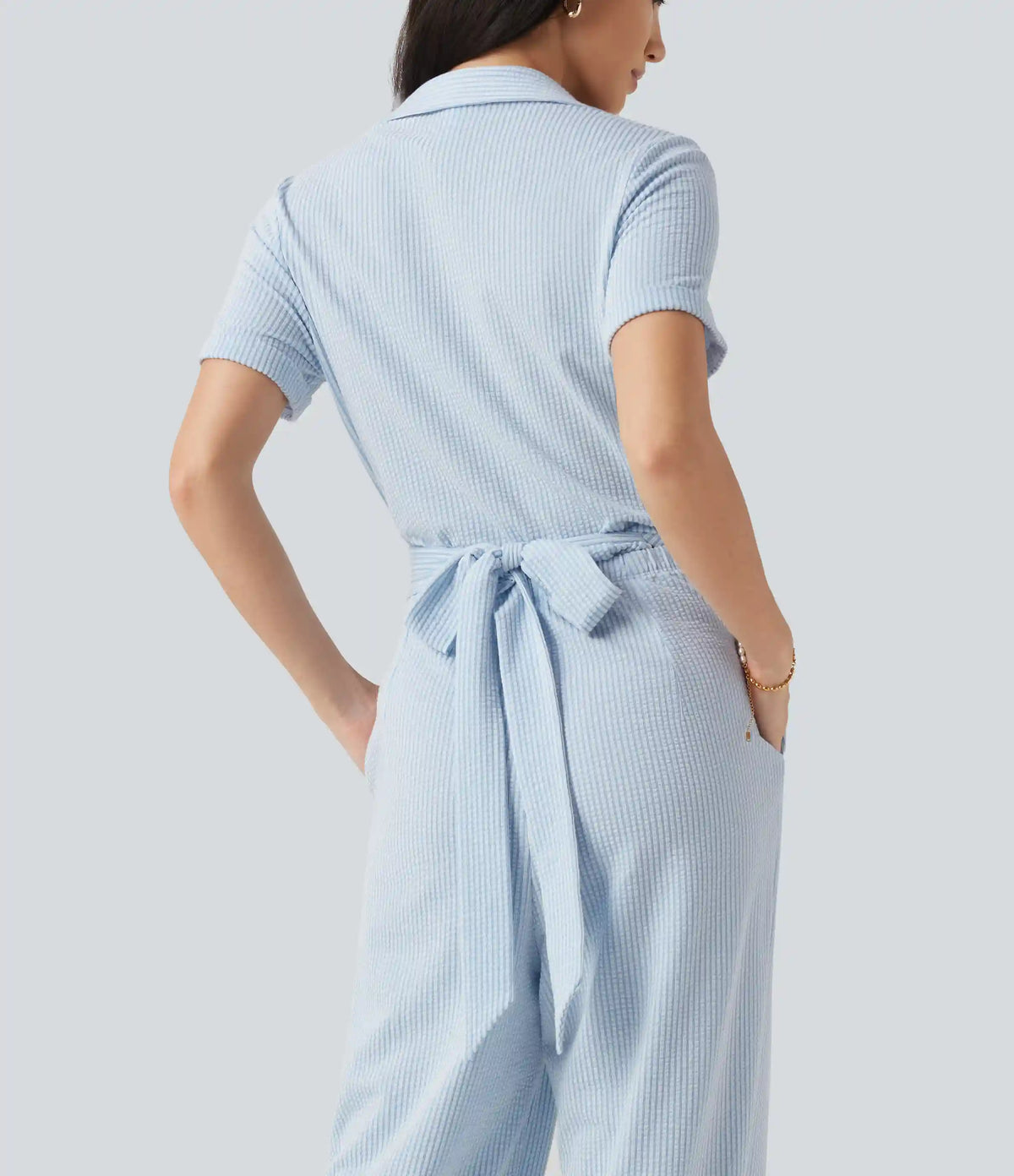 Short Sleeve Wrapped Tie Back Stripe Crinkle Cotton Casual Shirt Jumpsuit with Pockets-Easy Peezy Edition