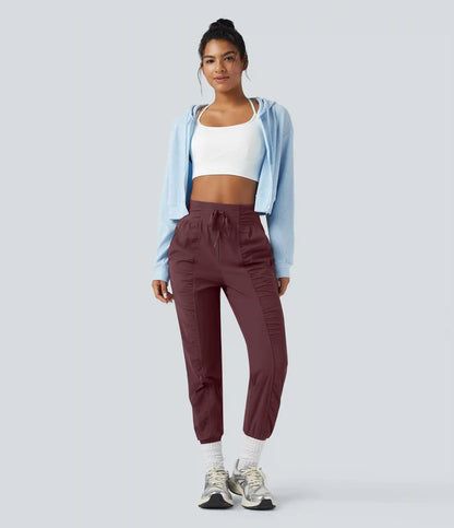 High Waisted Drawstring Ruched Tapered Quick Dry Cool Touch Dance Joggers with Pockets-UPF40+
